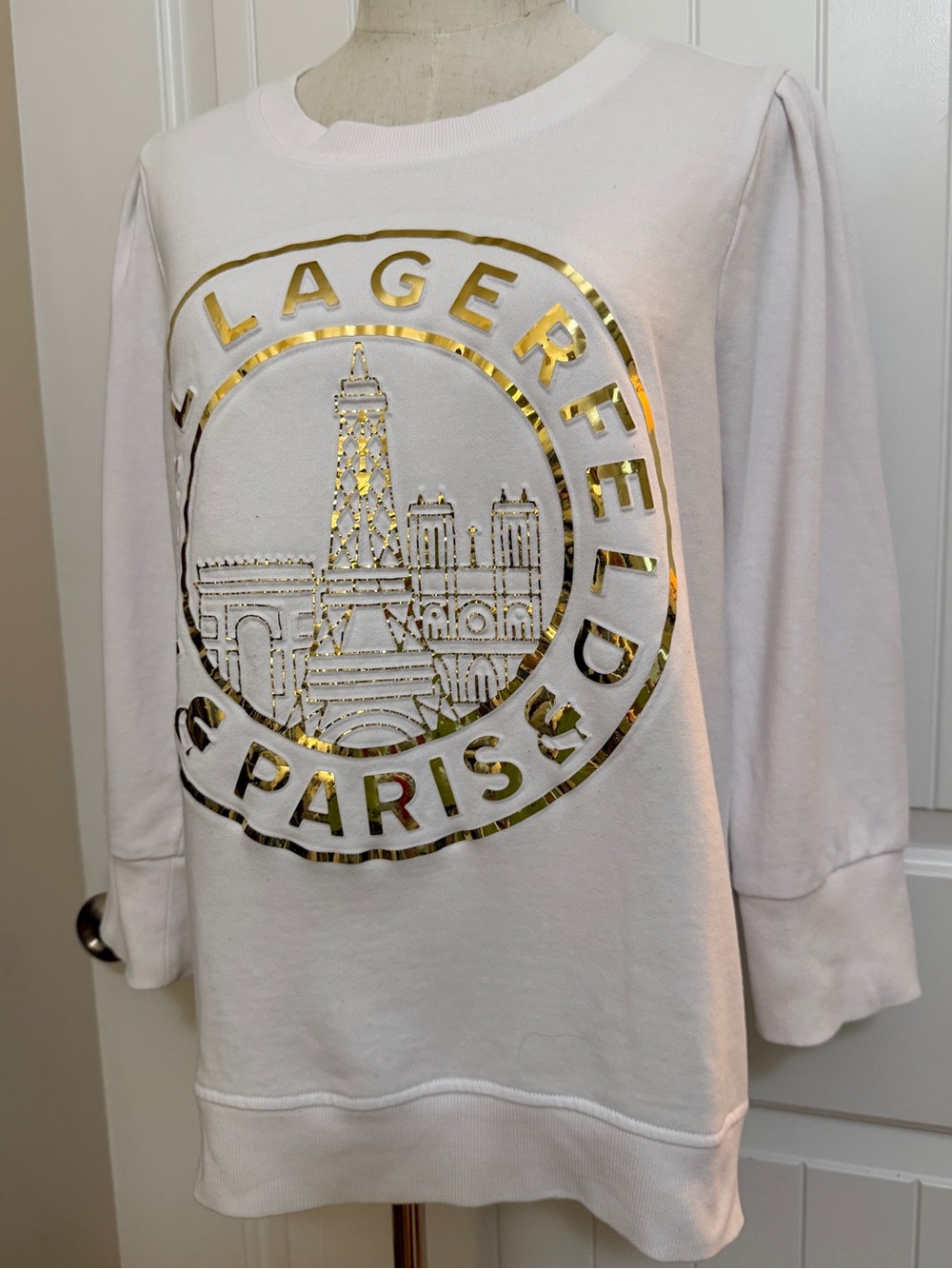 Karl Lagerfeld White Sweatshirt with Gold Lagerfeld Paris Emblem Sz Lg - Picture 3 of 15
